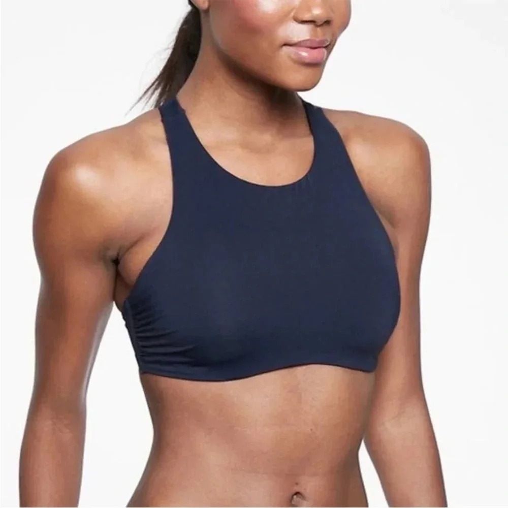 Athleta High Neck Maldives Bra Cup Bikini Beach Top size 32D/DD Navy